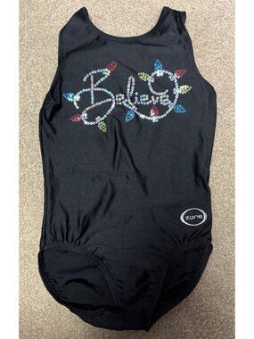 Ozone gymnastics Leotard Youth Large Sparkles EUC Black "BELIEVE"
